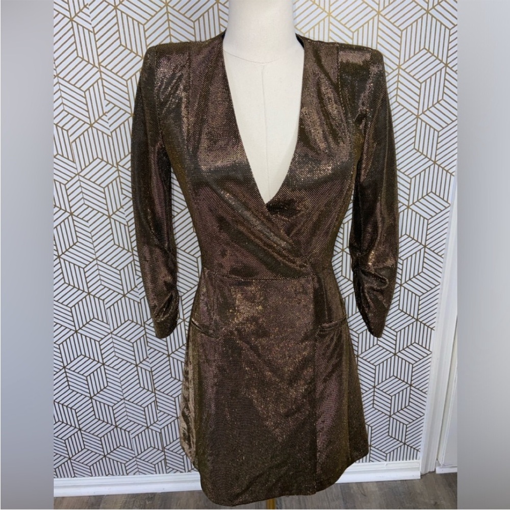 Zara Bronze Metallic Wrap-Style Mini Blazer  Dress